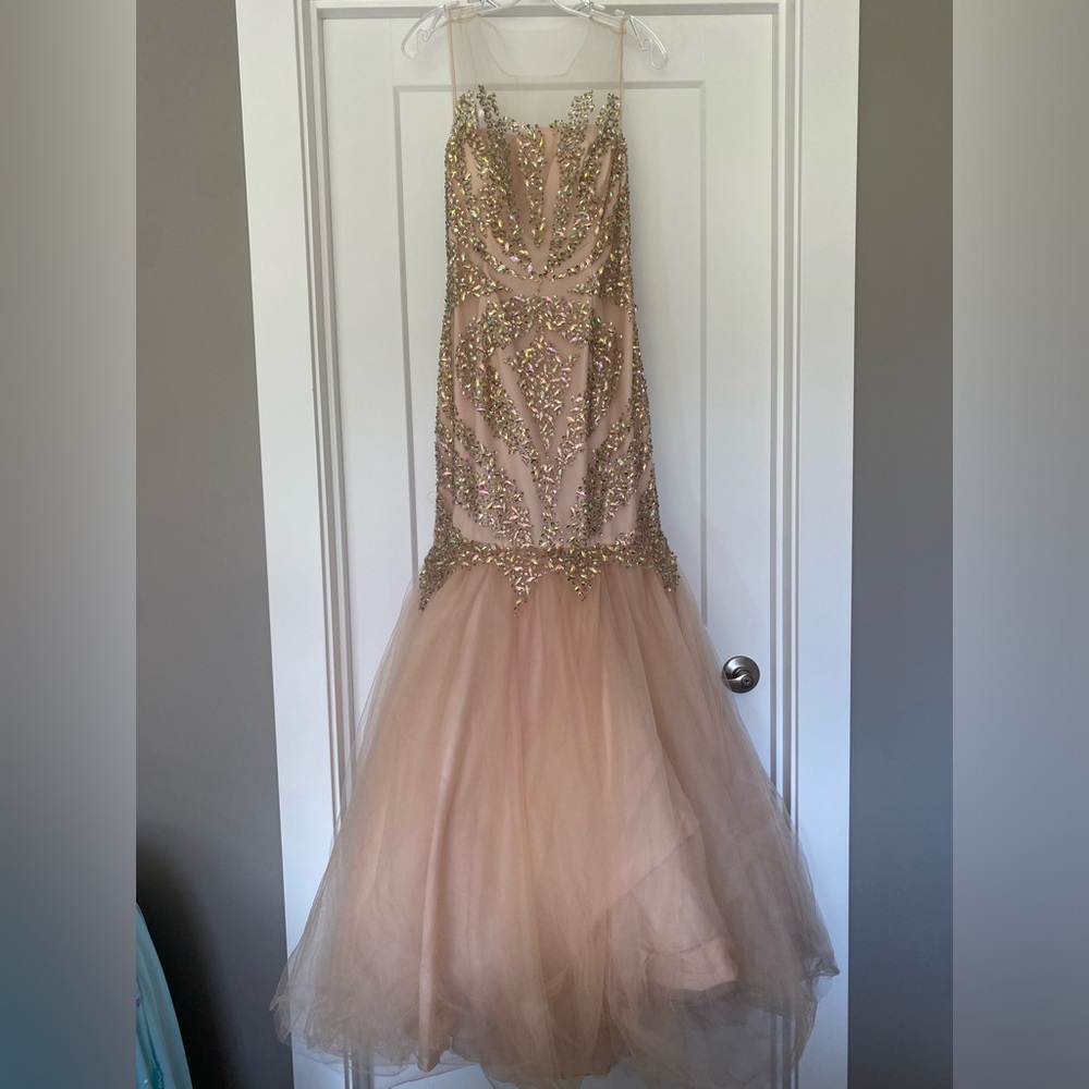 Terani Couture Blush Pink and Gold Beaded Mermaid Prom Dress